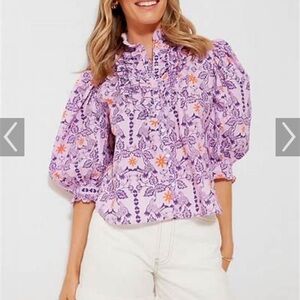 Oliphant LoveBird Lilac Ruffle Front Button Blouse Size XS